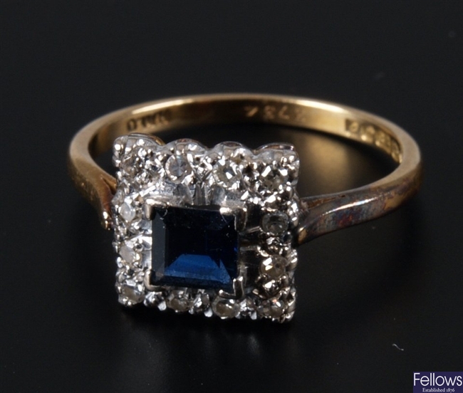 18ct gold square cut sapphire and diamond
