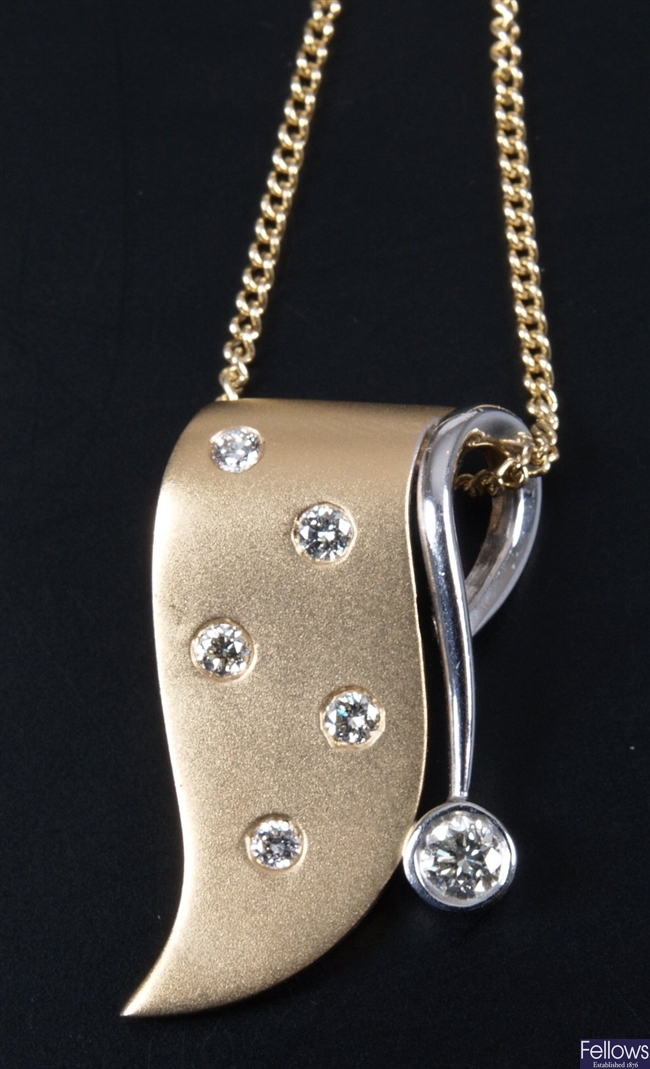 18ct bi-colour gold diamond set shaped pendant