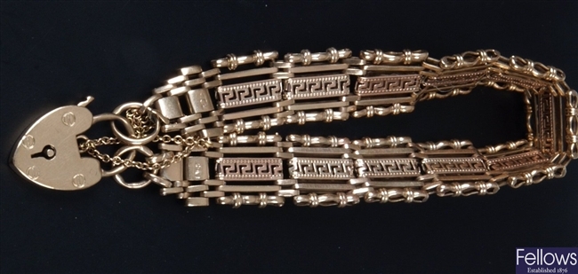 9ct bi-colour gold five bar fancy gate bracelet