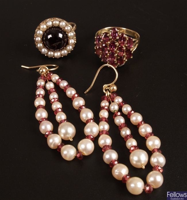 Three items of garnet set jewellery, to include a
