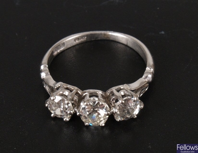 Platinum three stone diamond ring, estimated