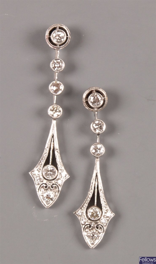 Pair of Edwardian diamond set drop earrings with