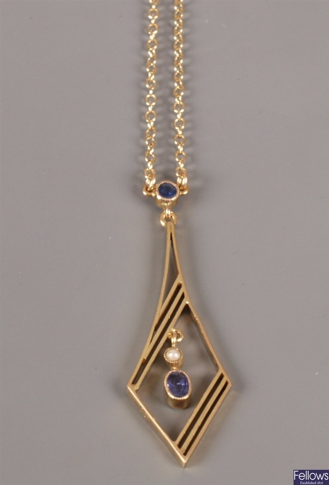 Blue sapphire and seed pearl pendant and chain,