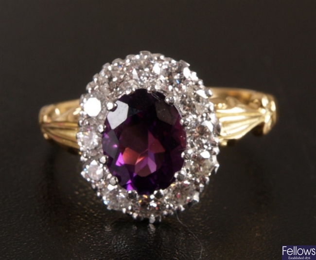 18ct gold amethyst and diamond set cluster ring,