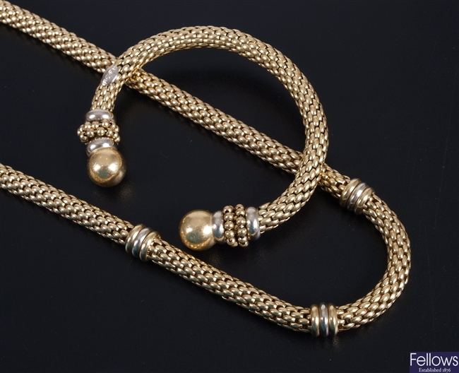 18ct gold woven necklet with bi-colour ring