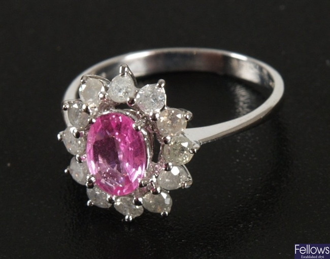 18ct white gold pink sapphire and diamond set