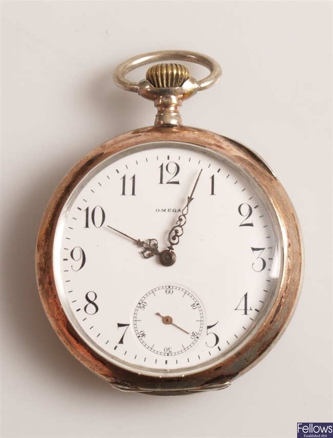 OMEGA - a white metal cased top wind pocket watch
