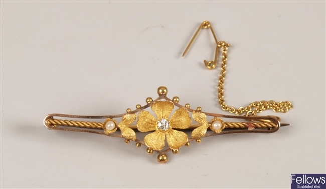 15ct gold diamond and seed pearl bar brooch with