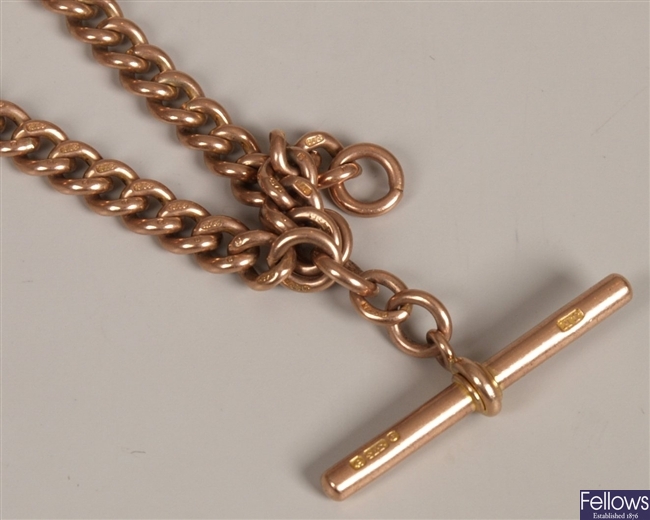 9ct rose gold curb link double Albert and T-bar. 