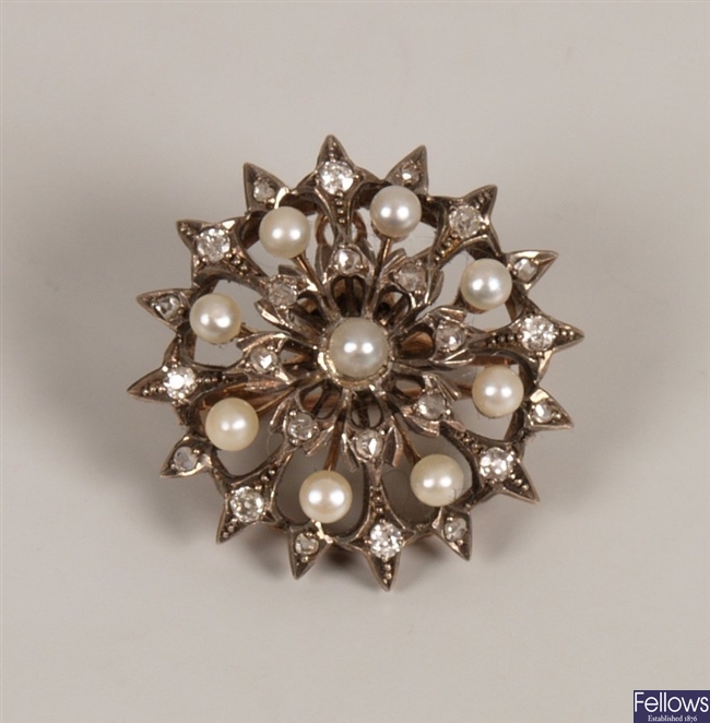 Diamond and seed pearl set brooch, a circular