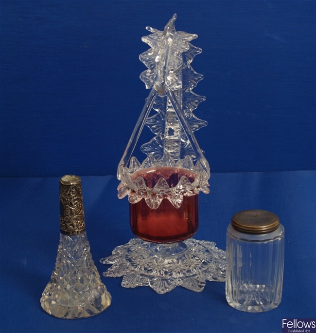 A Victorian clear glass stand of crimped and