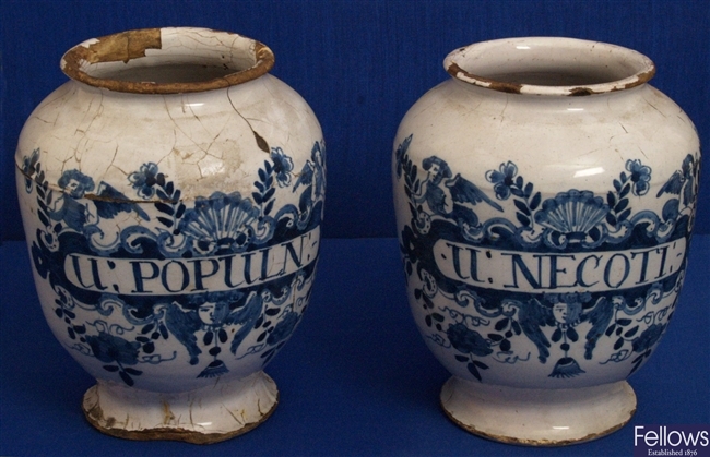 A pair of blue and white English drug jars,