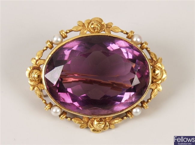 Victorian amethyst and pearl oval brooch set with