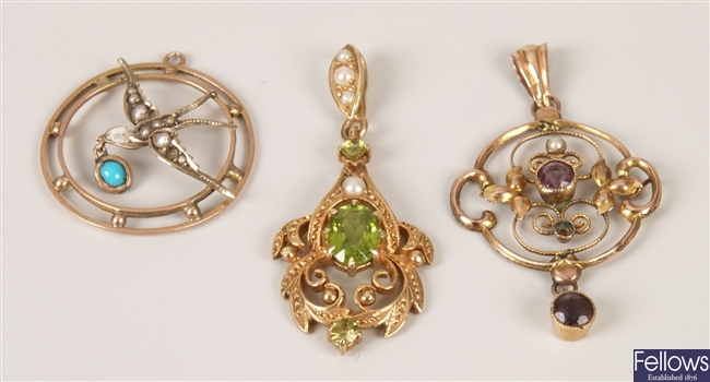 Three pendants to include a 9ct gold seed peal