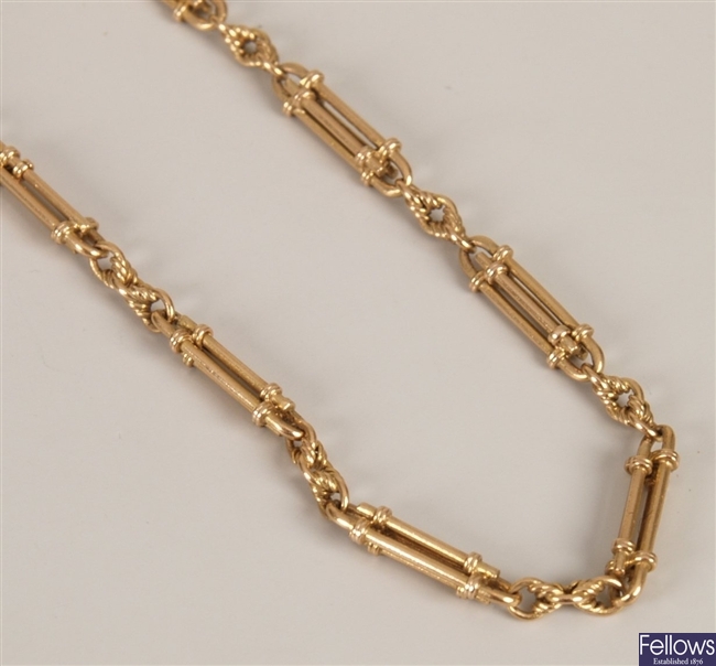 15ct gold fancy 'trombone' link longuard chain. 