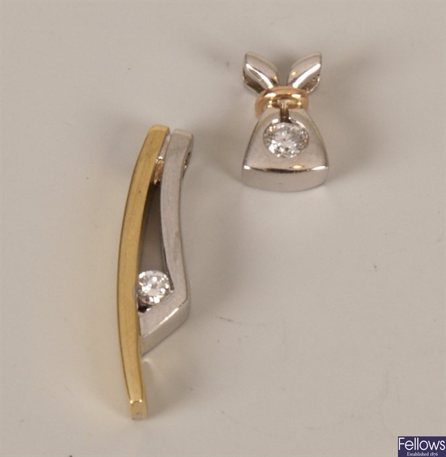 Two 18ct bi-colour gold diamond pendants to