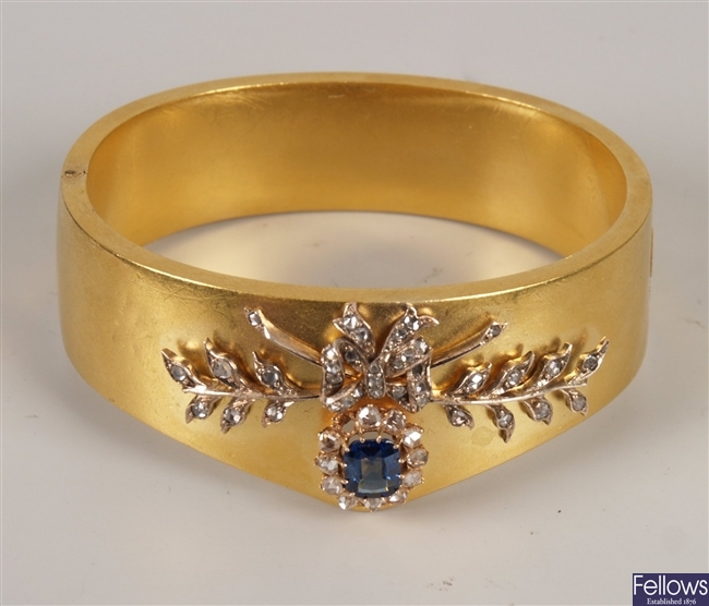 Continental sapphire and diamond hinged bangle