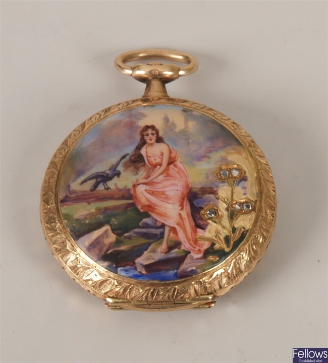 A continental enamelled fob watch case (no