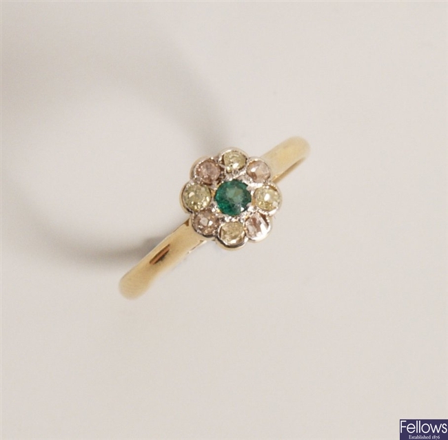 18ct gold diamond and green stone cluster ring