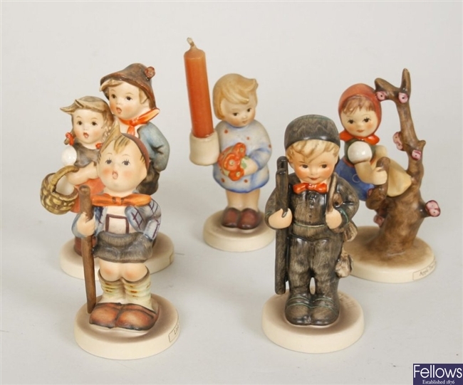Five Goebel, M J Hummel figurines to include