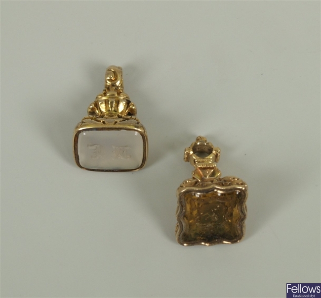 Two fobs to include a chalcedony set fob with an