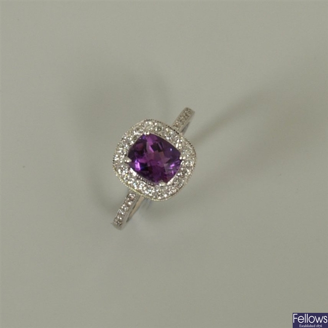 18ct white gold amethyst and diamond cluster