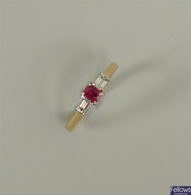 18ct gold three stone ruby and diamond ring, with