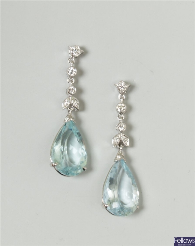 A pair of 18ct white gold diamond and aquamarine