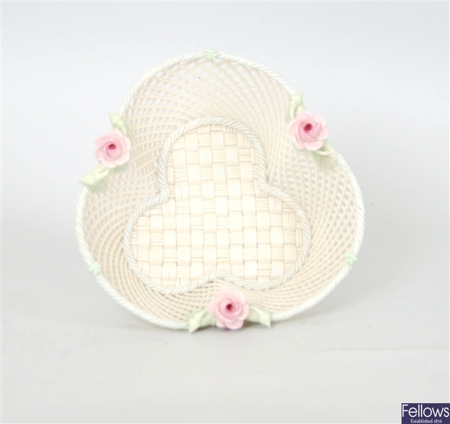 A Belleek porcelain basket of trefoil shape with