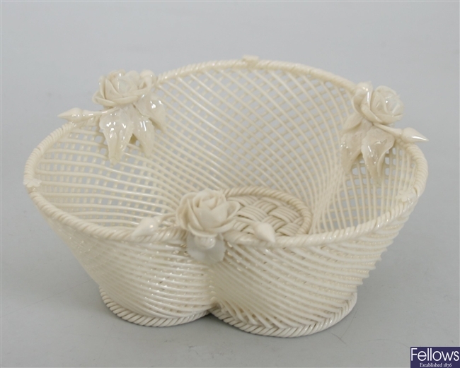 A Belleek porcelain basket of trefoil form with
