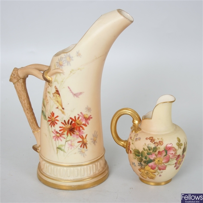 A Royal Worcester flat back jug, the ivory blush