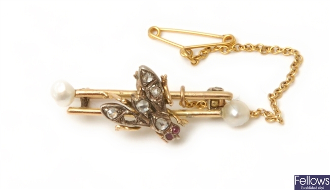 A Victorian double bar bug brooch, with a central