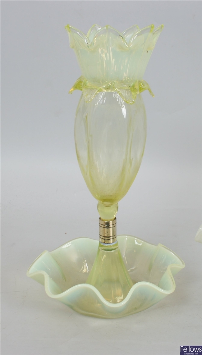 A Victorian green vaseline glass bowl with