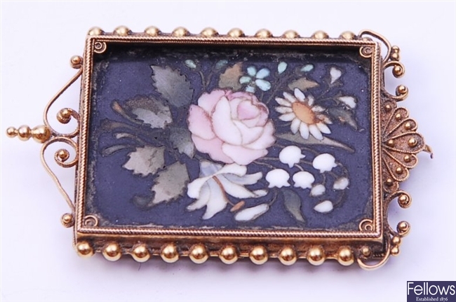 A Pietra Dura rectangular design brooch,