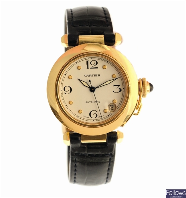 CARTIER - an 18k gold automatic Pasha wrist watch