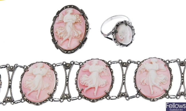 An antique suite of pink shell cameo jewellery
