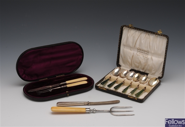 A cased Christening set (deficient of the spoon)
