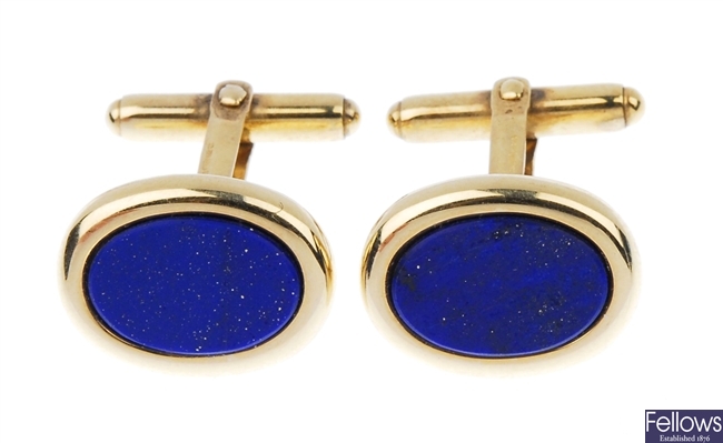 A pair of lapis lazuli set cufflinks.