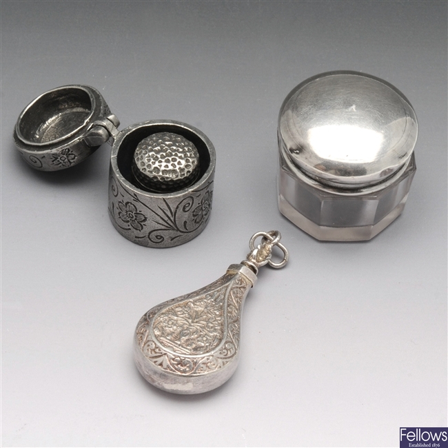Silver mounted vanity jar, scent bottle and pewter thimble