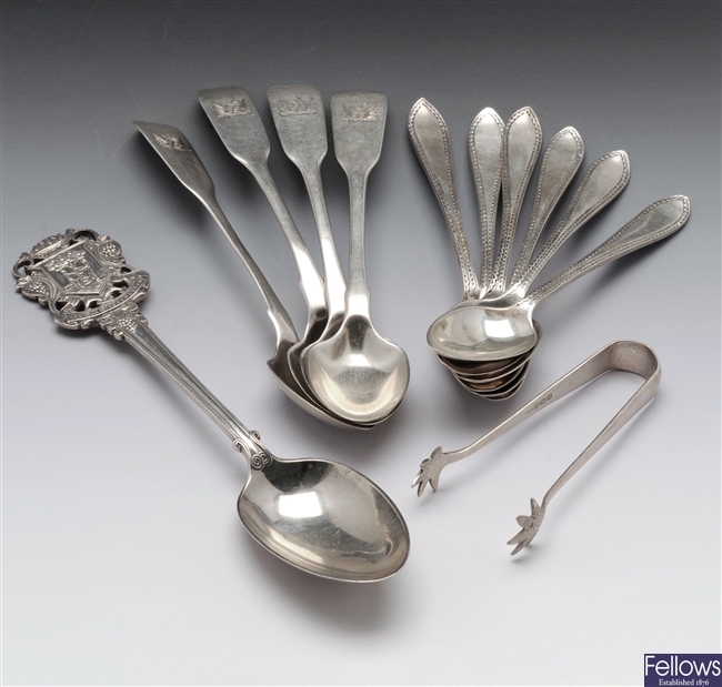 Silver egg spoons, teaspoons and sugar nips