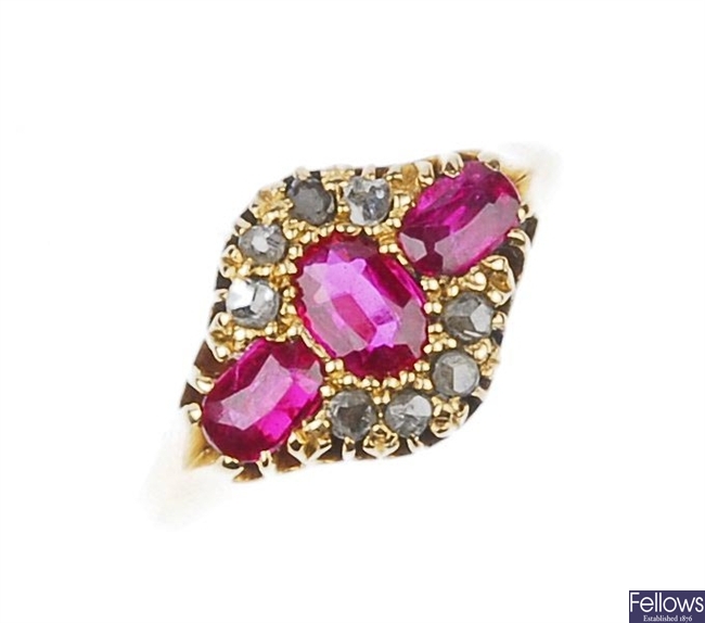  Edwardian 18ct gold synthetic ruby and diamond cluster ring.