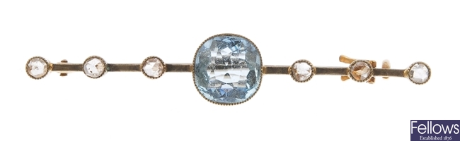 15ct gold aquamarine and diamond bar brooch.