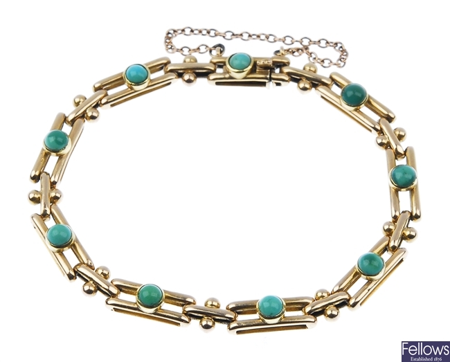 Early 20th century 15ct gold turquoise set gate bracelet.
