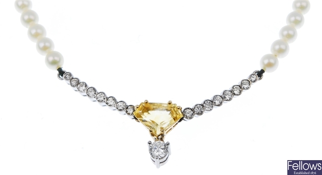18ct gold yellow sapphire, diamond and cultured pearl necklace.