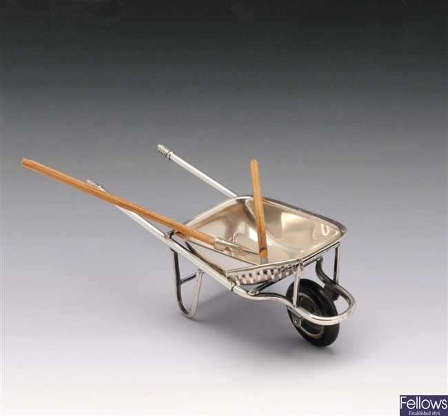Italian miniature wheelbarrow, spade and fork