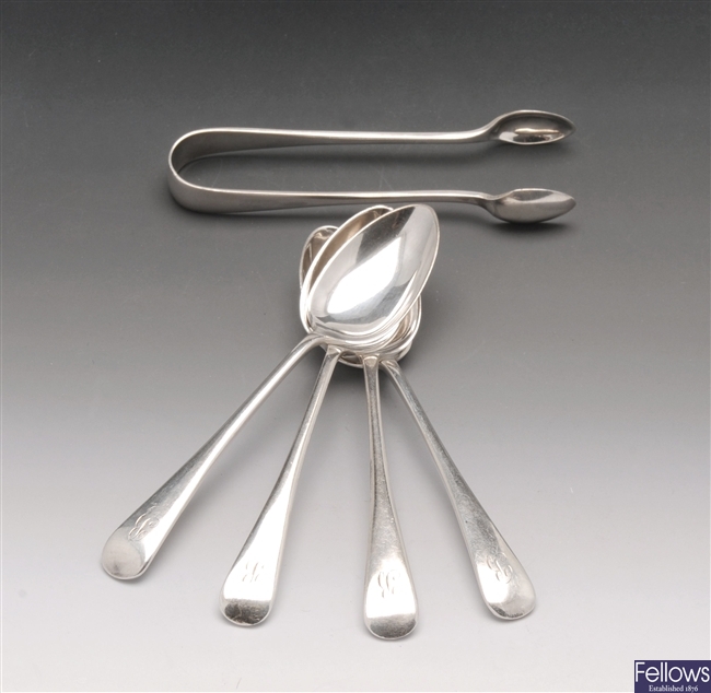 Cased set of twelve silver teaspoons and sugar
