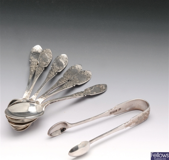 Victorian cased set of silver teaspoons and sugar nips