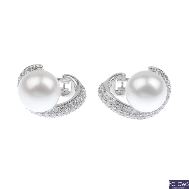 18ct white gold cultured pearl and diamond earrings.