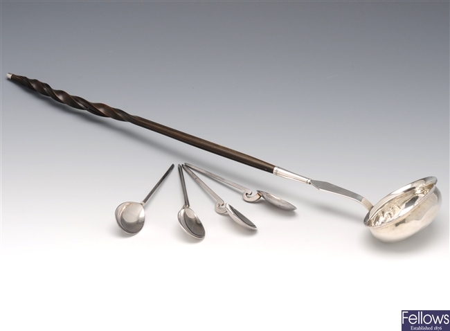 Toddy ladle and silver teaspoons
