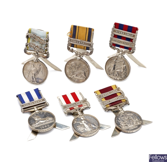 Six Victorian campaign medals converted to table menu holders